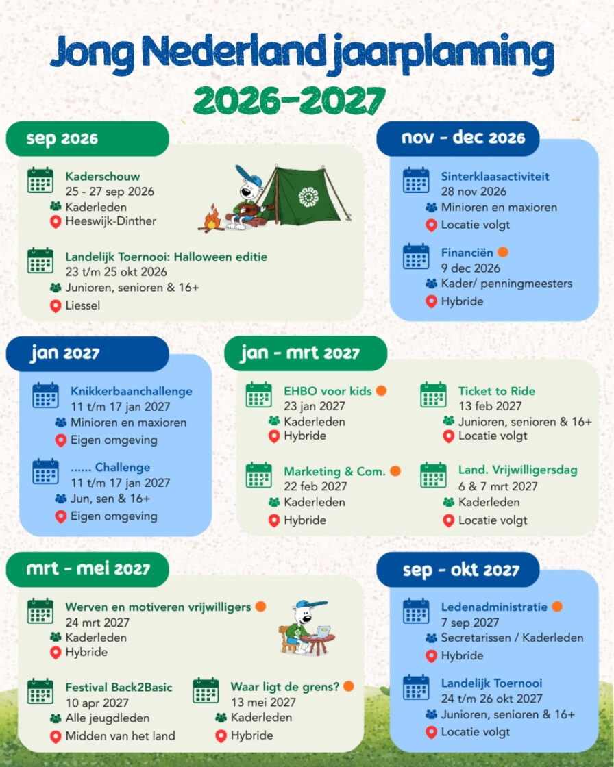Poster met de Jong Nederland jaarplanning 2026 en 2027 vol activiteiten en cursussen